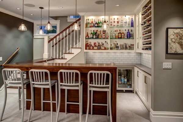 small-basement-ideas-home-bar-wood-countertop-metal-stools