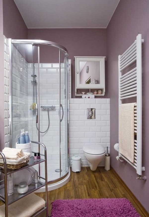 small-bathroom-ideas-corner-shower-cabin-white wall tiles wood flooring