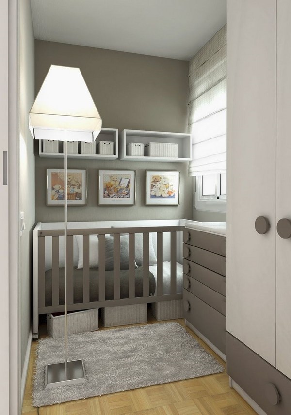 small nursery room white gray colors cot chest of drawers wardrobe