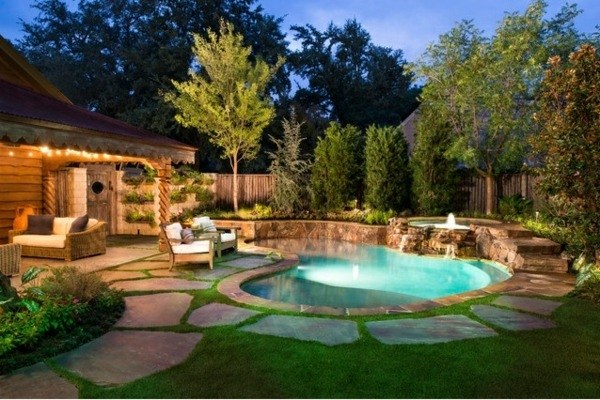 small round pool garden design stone path outdoor lighting