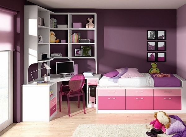 small teen room furniture ideas corner desk open shelves bed storage drawers