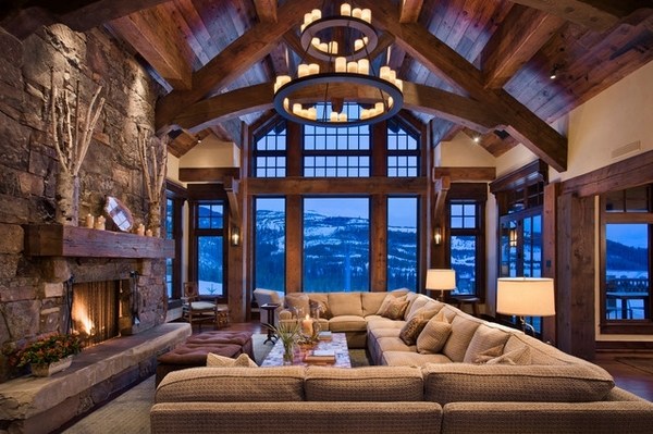 spectacular rustic living room interior design big sectional sofa stone fireplace 