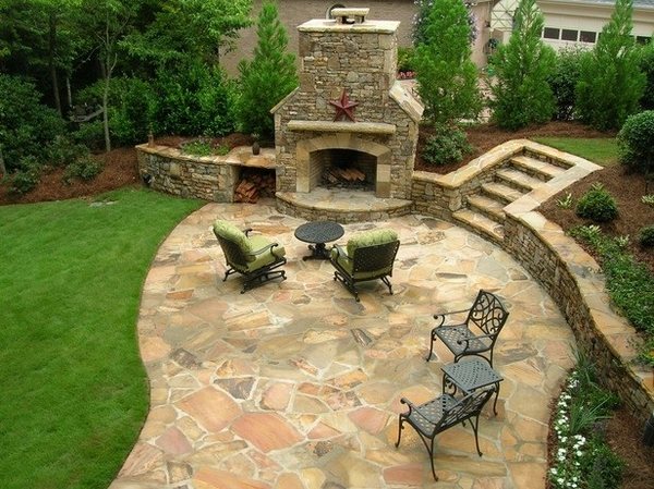 stylish patio design stone fireplace retaining wall flagstone flooring