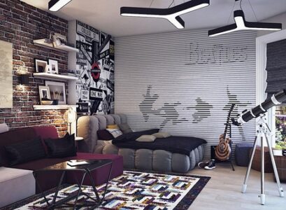 super-cool-teen-boy-bedroom-ideas-modern-furniture-brick-wall-floating-shelves