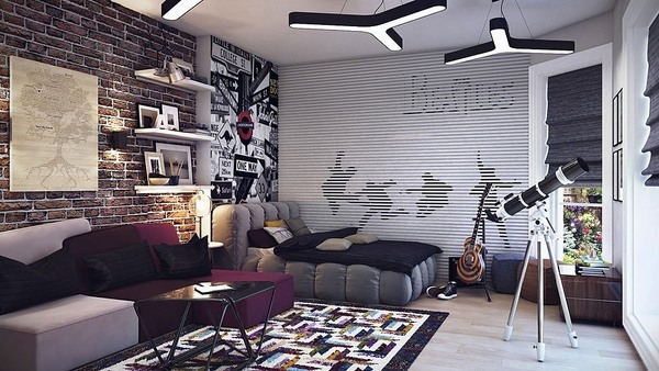 super cool teen boy bedroom ideas modern furniture brick wall floating shelves
