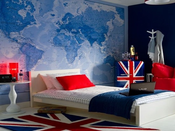 england theme world map flag rug white platform bed red sofa