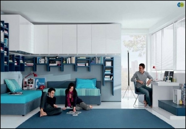 teen boy bedroom ideas white furniture blue area rug blue shelves