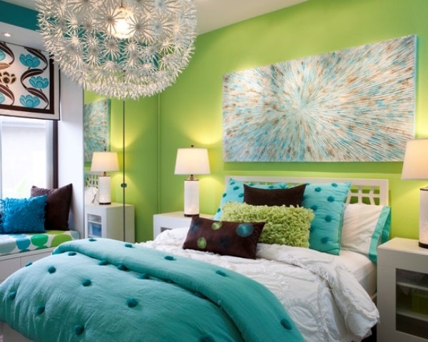 teen girl decor bright green wall modern chandelier wall painting