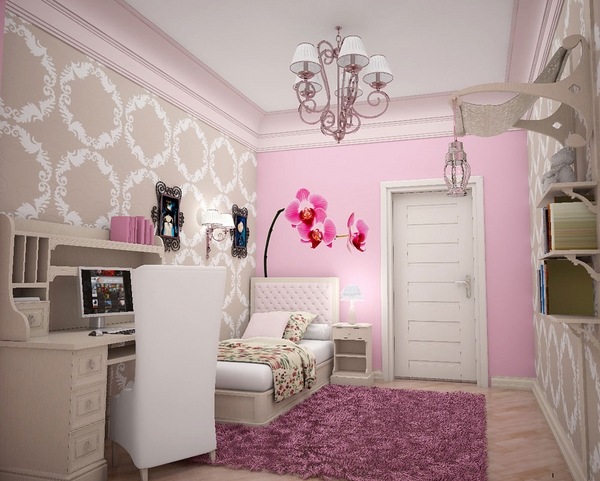 teen girl bedroom design chandelier pink shaggy rug desk beige pink wall color