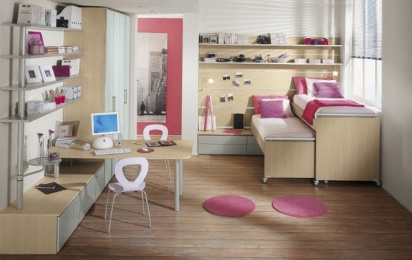 teen girl bedroom design ideas wood furniture storage shelves round mats