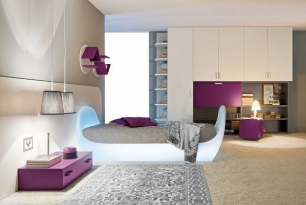 teen girl room ideas modern bed LED lighting white furniture purple accents