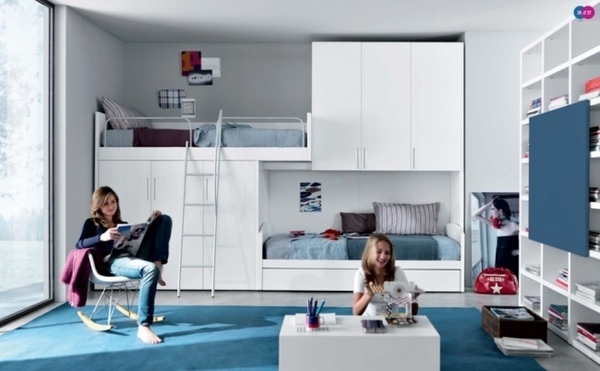 teen girls bedroom ideas white furniture bunk bed storage shelves blue carpet
