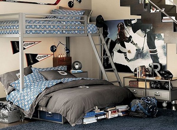 teenage furniture ideas bunk beds gray blue colors hockey theme