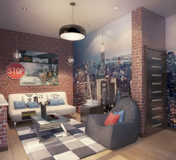 teenager room ideas industrial brick wall wallpaper white sofa gray armchair