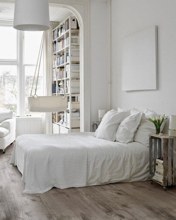 white bedroom Scandinavian furniture design simple wooden floor 