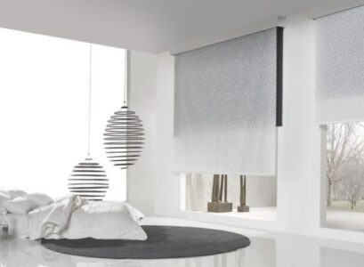 white-bedroom-minimalist-style-bedroom-design-gray-round-rug-modern-lamps
