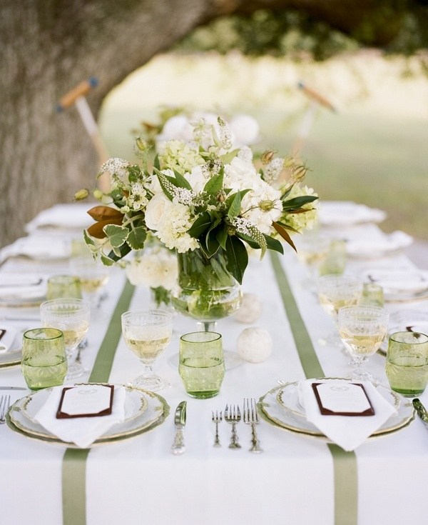 white green themed setting floral centerpieces