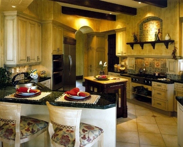 Italian kitchen Mediterranean style tiled floor wood beams
