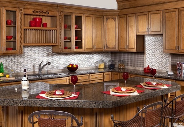 Kitchen backsplash AKDO wood cabinets