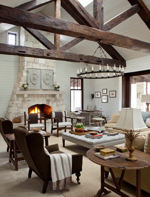 Living room ideas farmhouse design exposed beams large square ottoman vintage tables