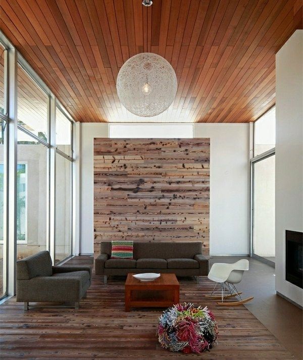 Living room wood wall wood ceiling modern sofa set