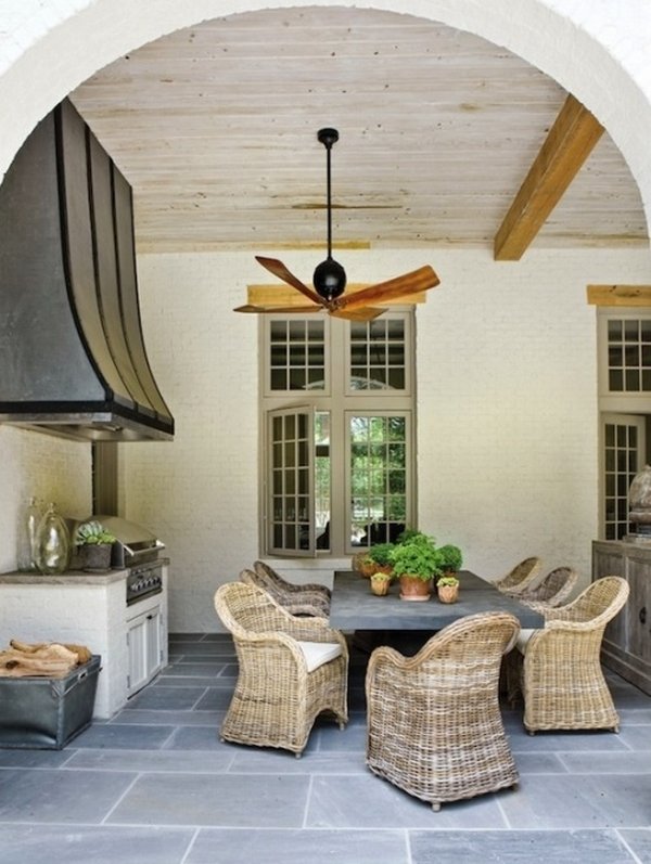 Outdoor-kitchen-patio-design-ideas-dining-furniture-set-ceiling-fan