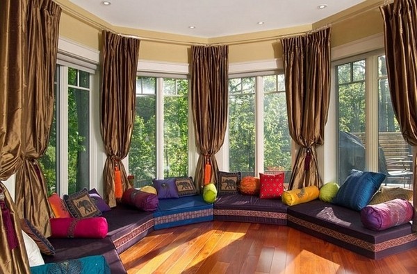 Round sitting area with cushions pillows oriental style bay window