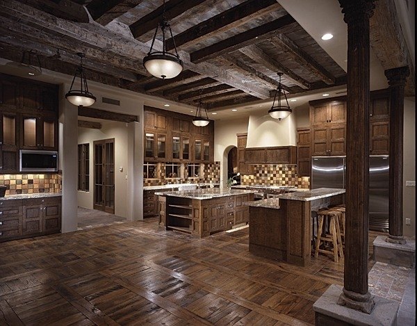 Rustic kitchen dark wood beams wrought iron chandelier Tuscan decor ideas