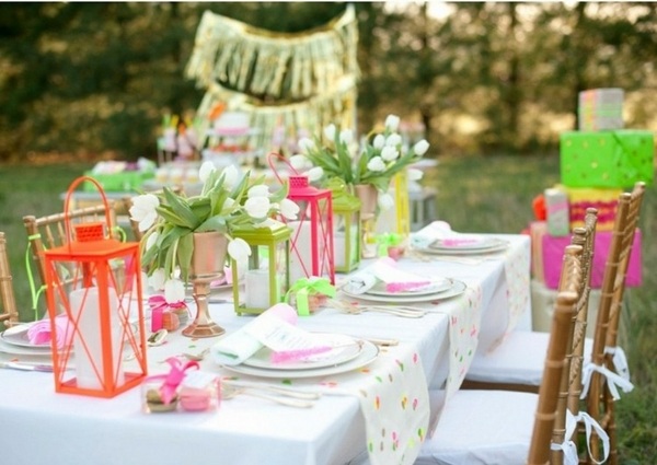 Spring table decoration colorful lanterns centerpiece spring flowers