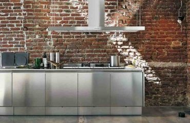 Stainless-steel-kitchen-furniture-bricks-backsplash-contemporary-kitchen-design-ideas