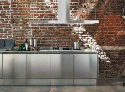 Stainless-steel-kitchen-furniture-bricks-backsplash-contemporary-kitchen-design-ideas