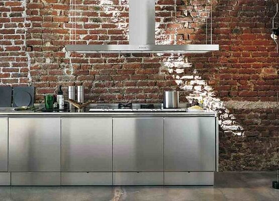 Stainless-steel-kitchen-furniture-bricks-backsplash-contemporary-kitchen-design-ideas