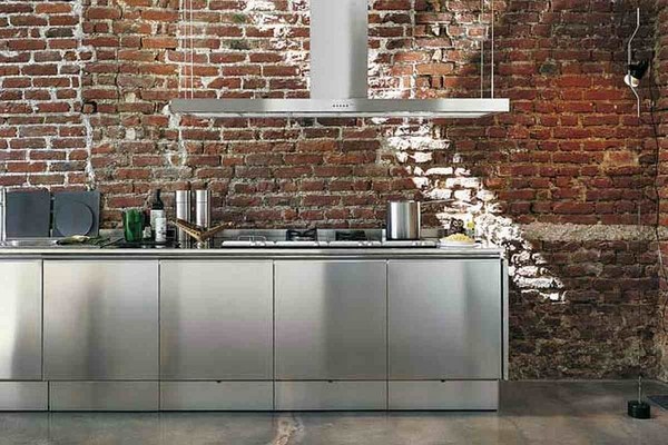 Stainless steel kitchen furniture bricks backsplash contemporary kitchen design ideas