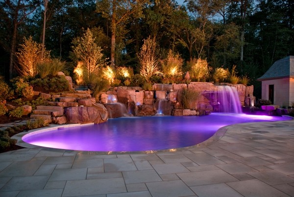 swimming pools with waterfalls outdoor lighting design