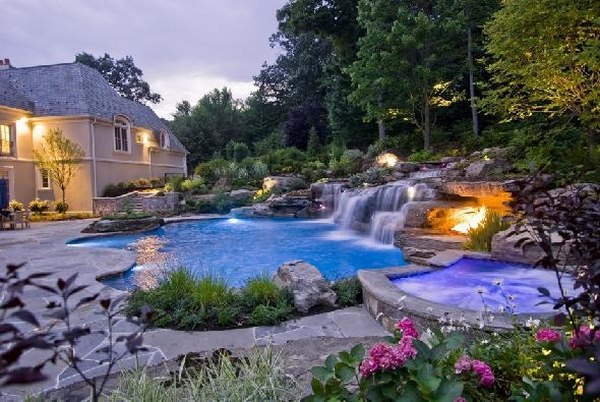 Unique-backyard-pools-outdoor-lighting-water-features-waterfall