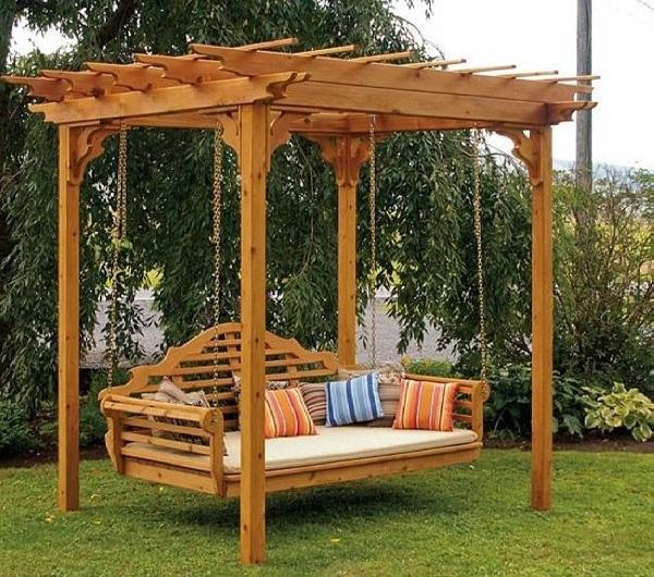 backyard escape ideas wooden pergola swing daybed pillows