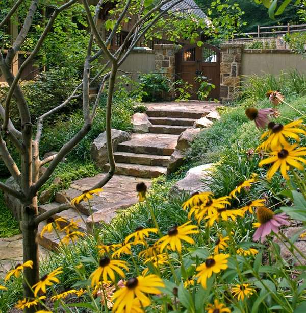 landscape ideas stone path stairs blooming flowers
