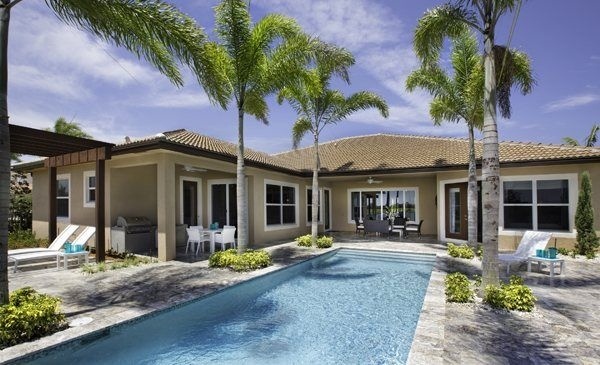 backyard pool ideas palm trees sunbeds