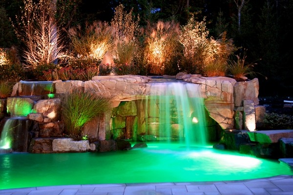 backyard swimming pool waterfall led lighting ideas