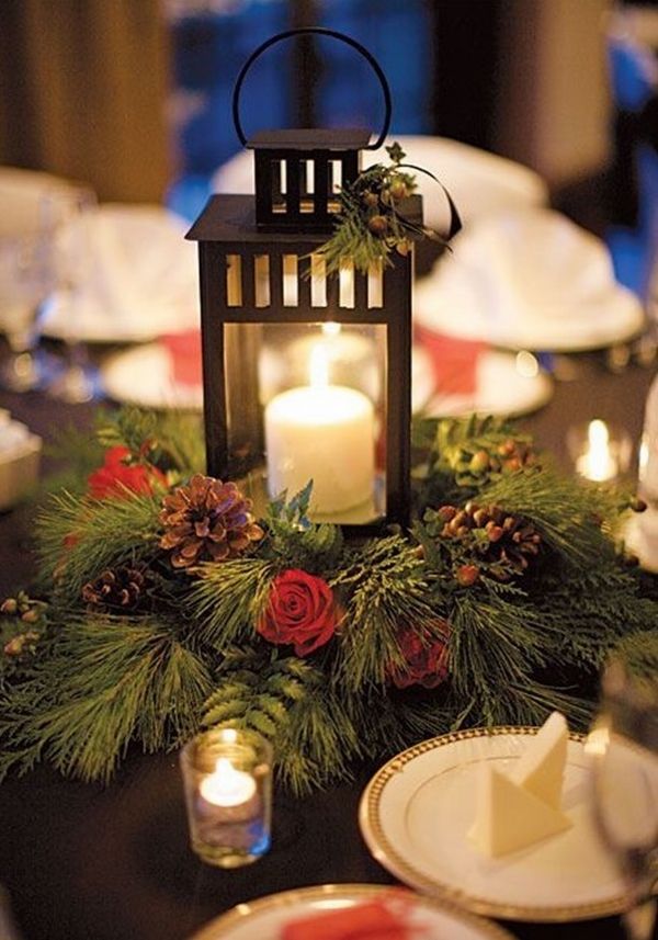 christmas table decoration ideas lantern centerpiece cones roses