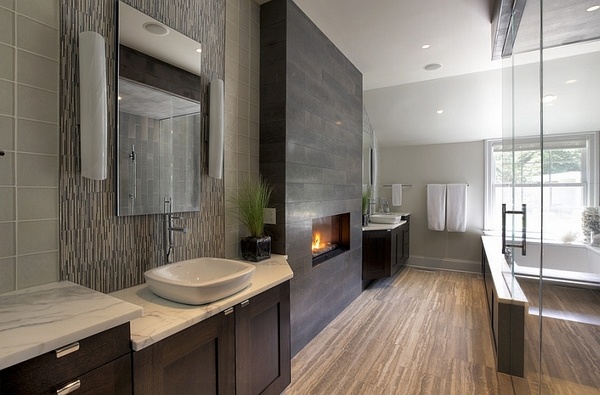 contemporary bathroom design fireplace walk in shower 