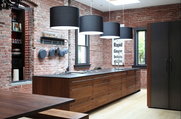 contemporary-kitchen-design-wooden-kitchen-island-brick-backsplash