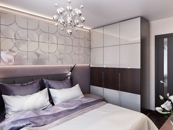 creative-small-bedrooms-ideas-modern purple 3d wall panels original chandelier