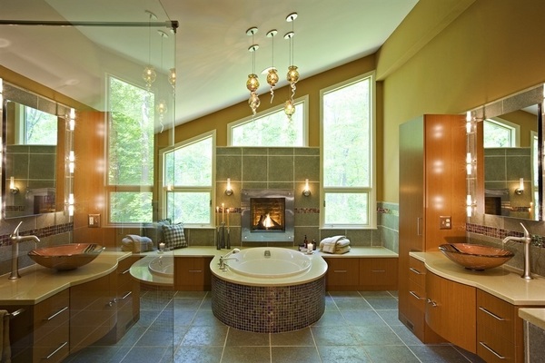 custom designs modern bathroom with fireplace round bathtub