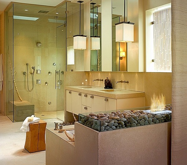 custom ideas contemporary bathroom walk in shower fireplace