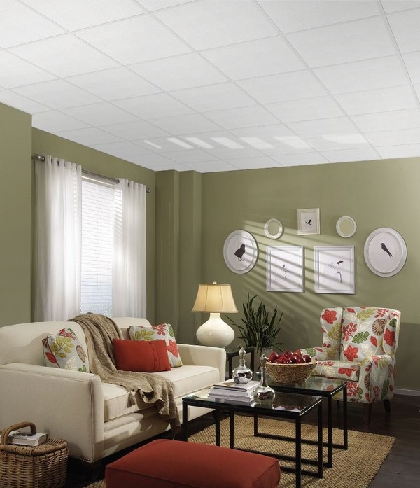 living room design olive green wall color armstrong tiles ceiling design ideas