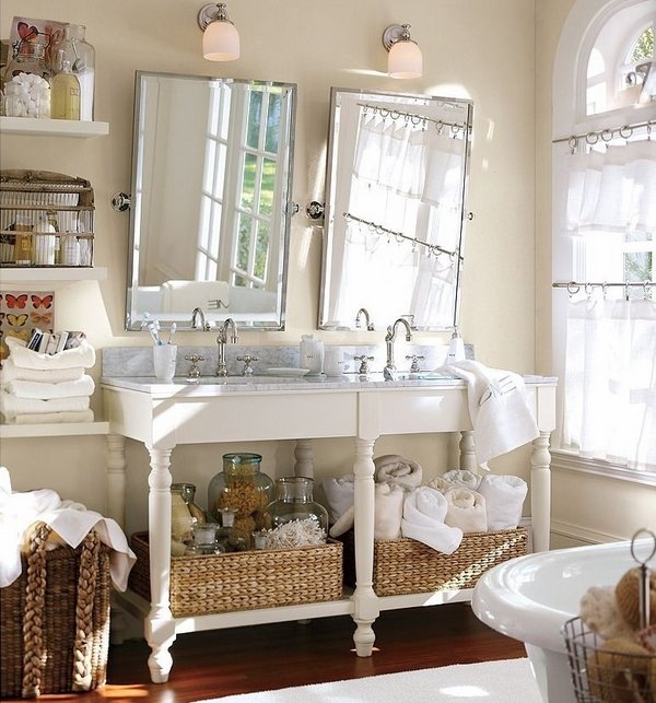 farmhouse bathroom ideas white wooden vanity storage baskets open shelves