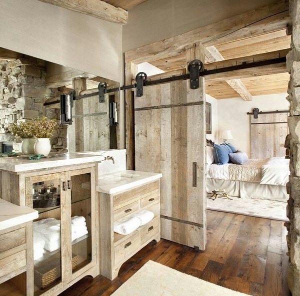 farmhouse design bedroom bathroom decor barn door wood floor vanity storage cabinets