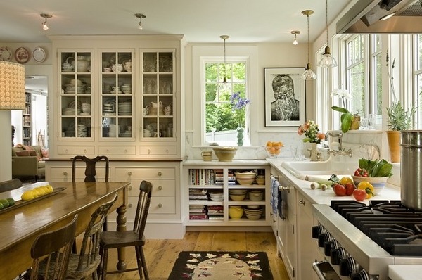 farmhouse kitchen ideas white cabinets wood table chairs