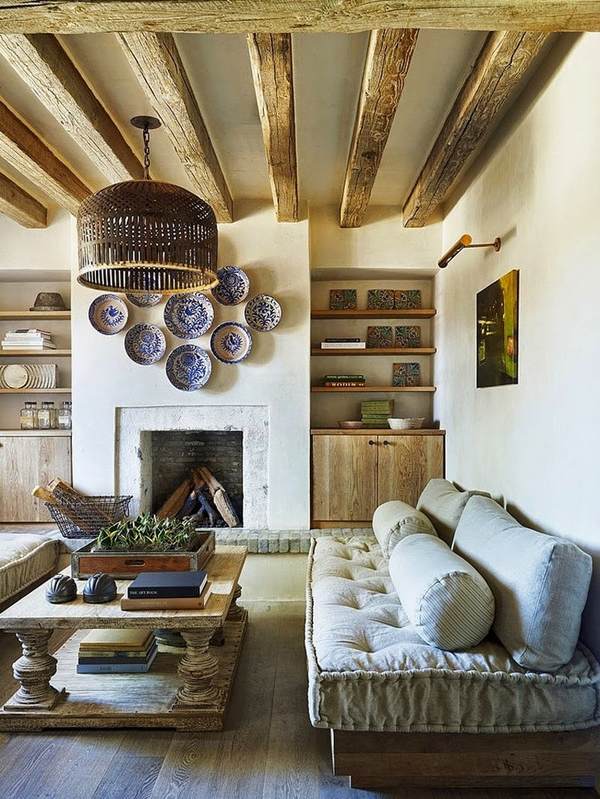 farmhouse style living room decor ceiling beams wooden table open shelves